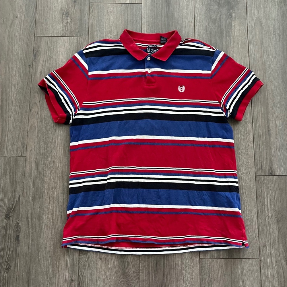 Chaps Mens XXL Custom Fit Polo Shirt Red Blue Striped Cotton Pique Logo Top